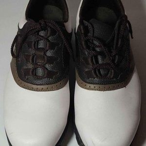 FOOTJOY MEN'S GOLF SHOE/ SIZE 8 WIDE/ TWO TONE BROWN & WHITE/ SOFT SPIKES/ GREAT